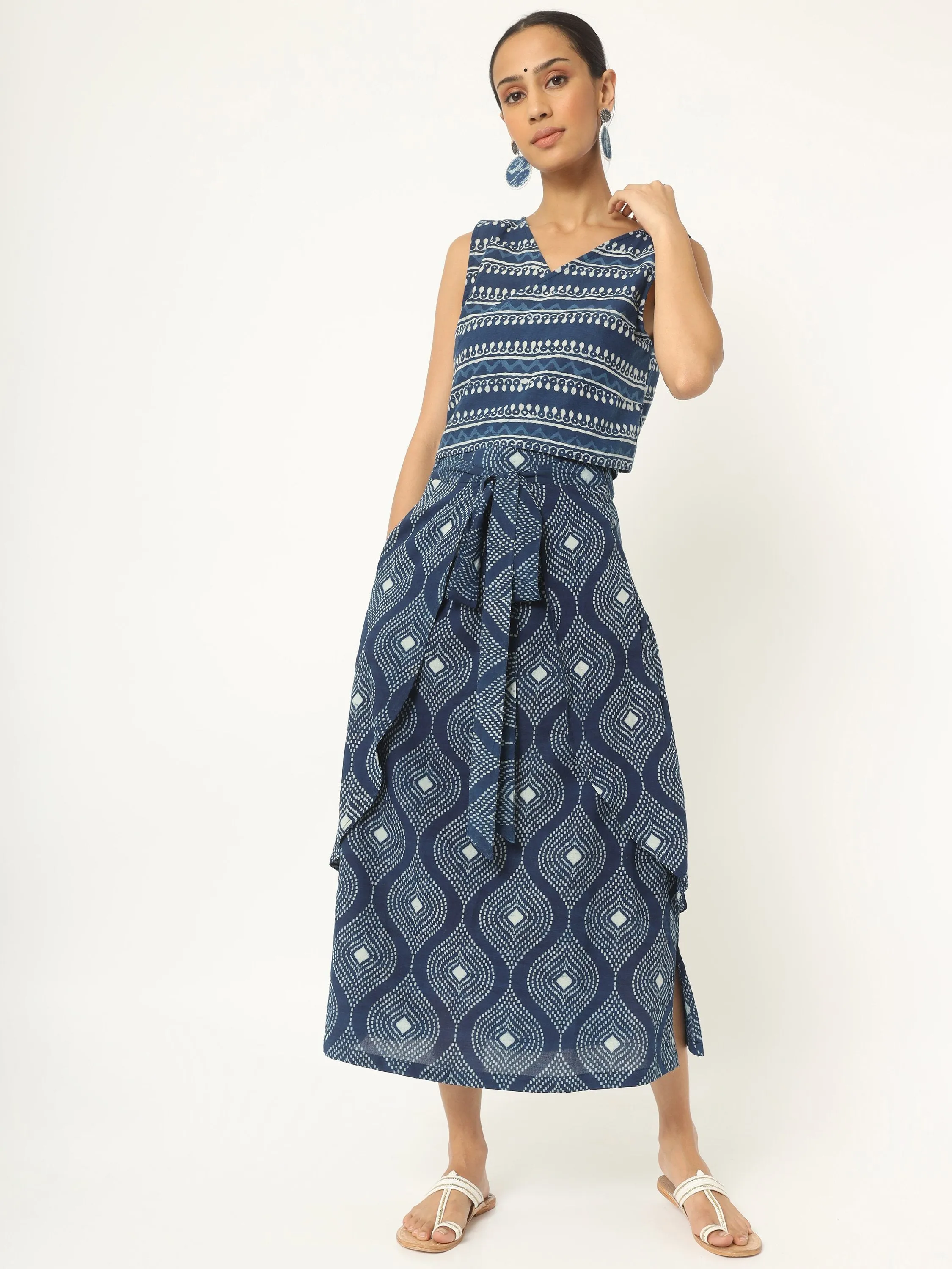 Indigo Blue Hand Block Prined Top-Skirt Set