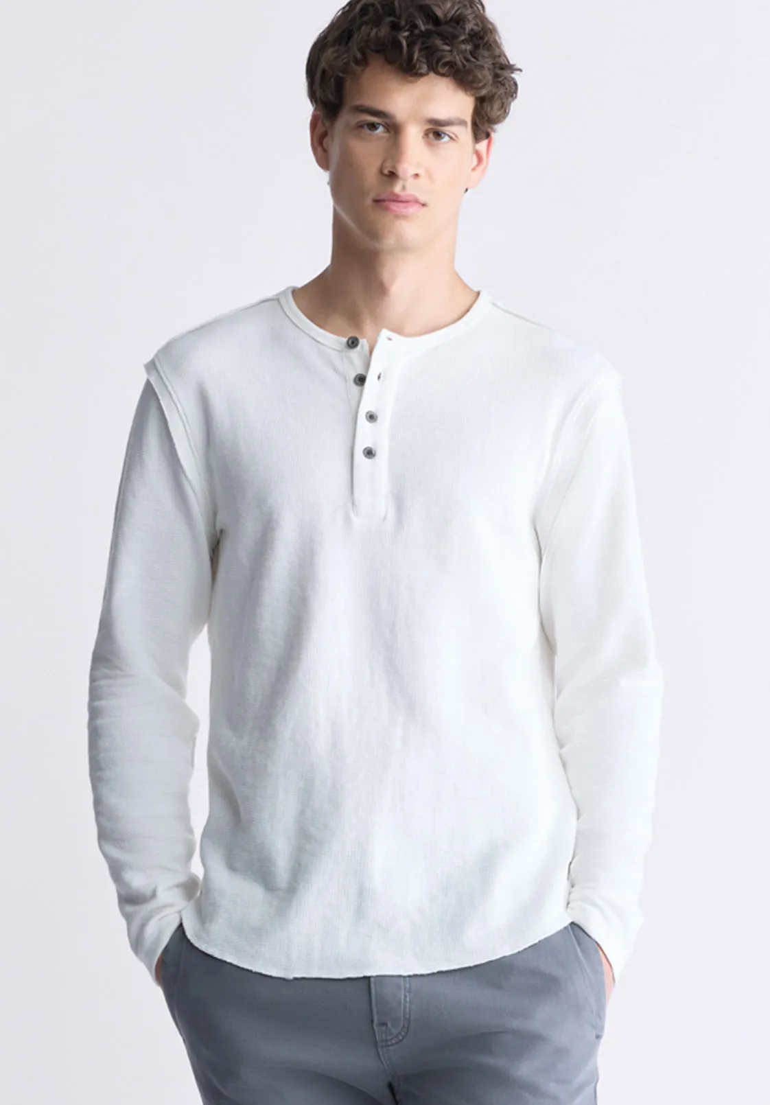 Kipato Men's Long-Sleeve Henley Top, White - BM24434