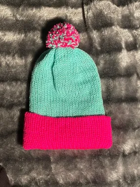 Knitted pink& blue beanie hat