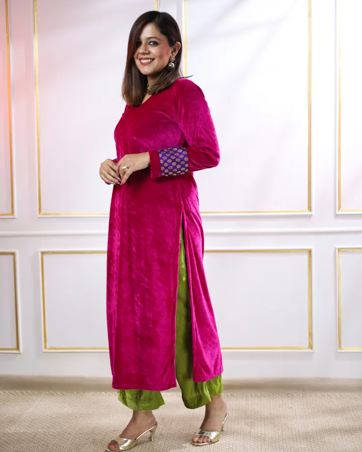 Magenta Pink Velvet Slit Kurta