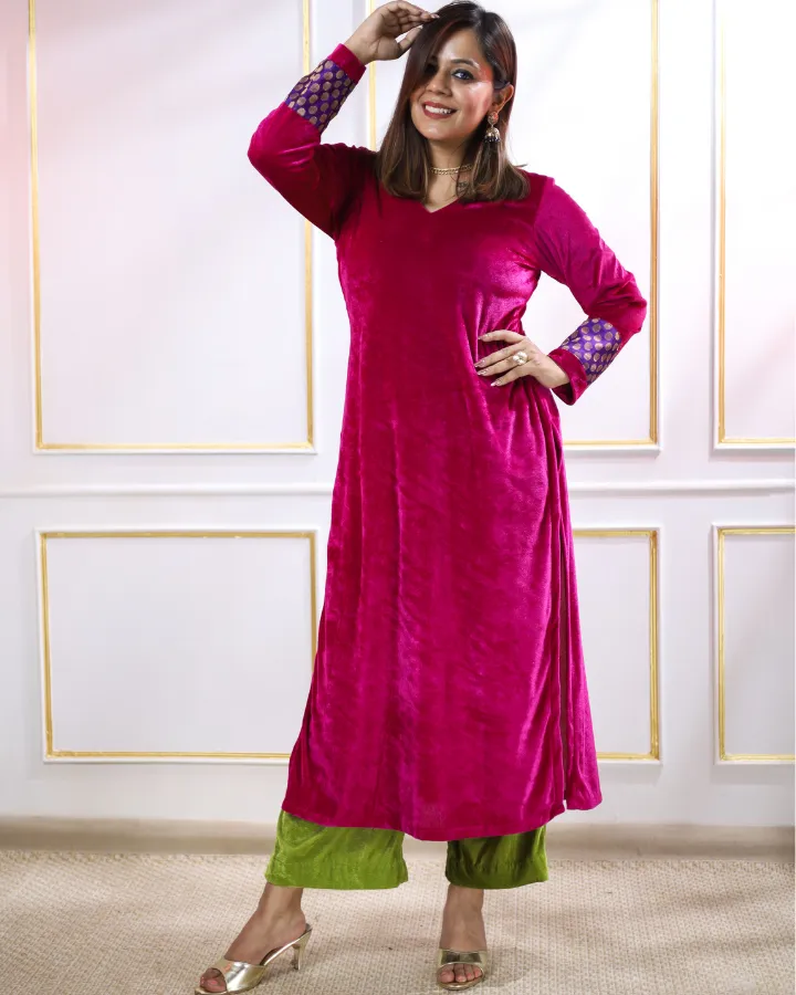 Magenta Pink Velvet Slit Kurta