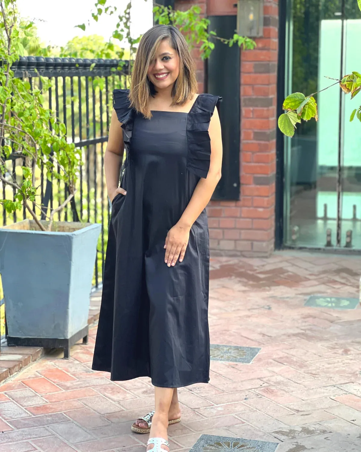 Midnight Black Cotton Frill Dress