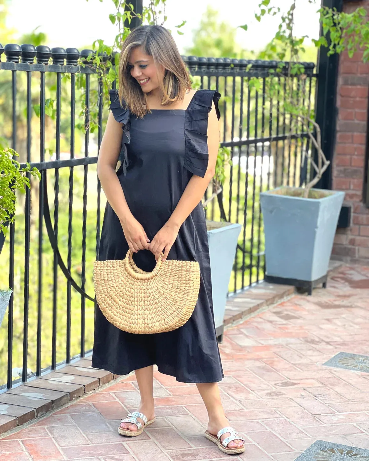 Midnight Black Cotton Frill Dress