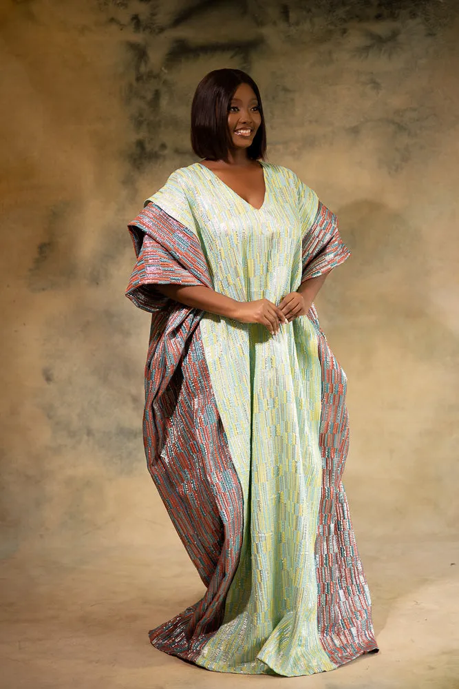 MOREMI REGAL KAFTAN - PASTEL GREEN AND EARTHY BROWN