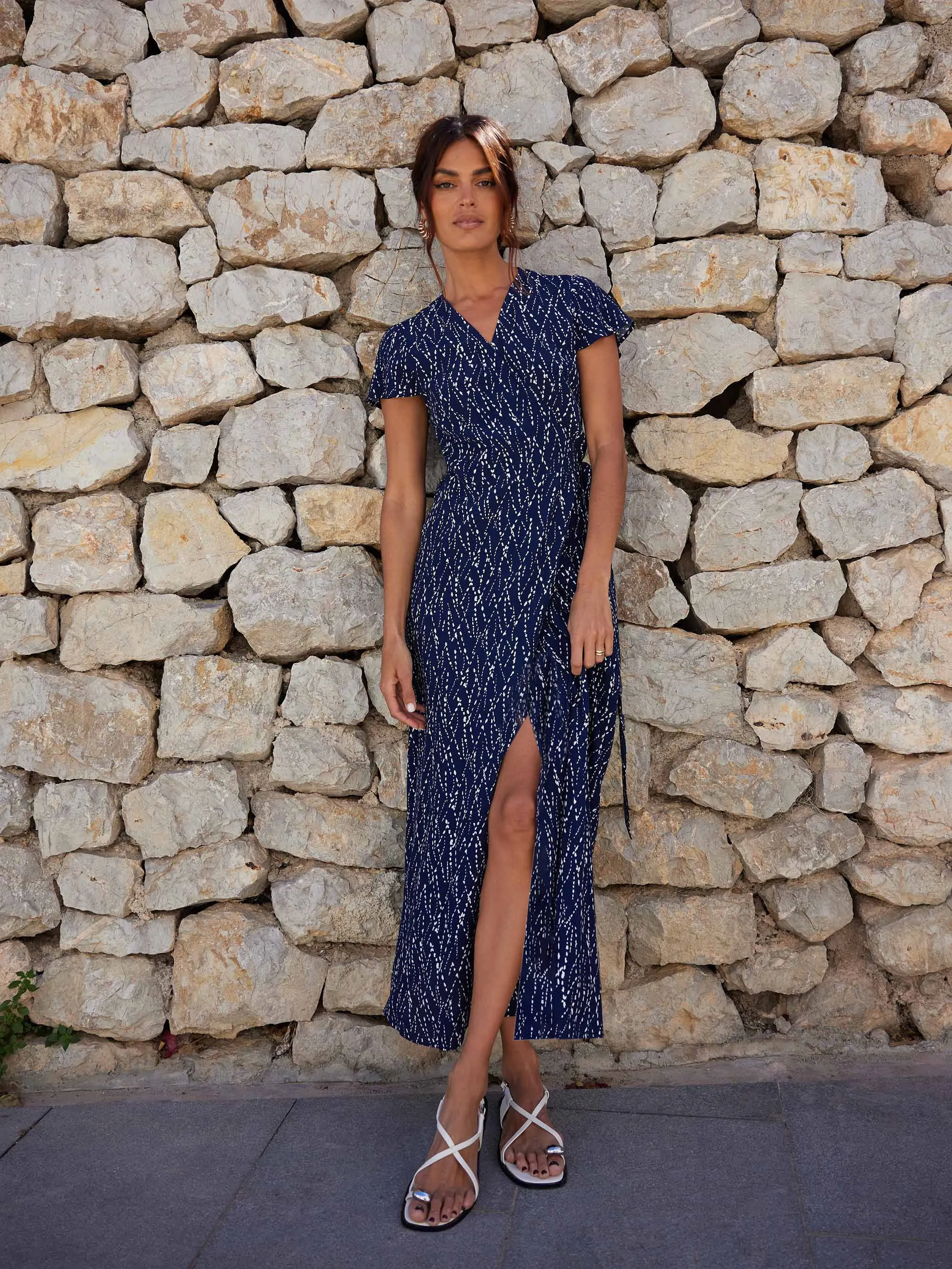 Navy Dash Print Wrap Midi Dress