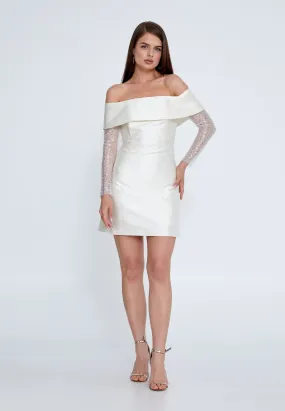 Off white short dress with sequin sleeve