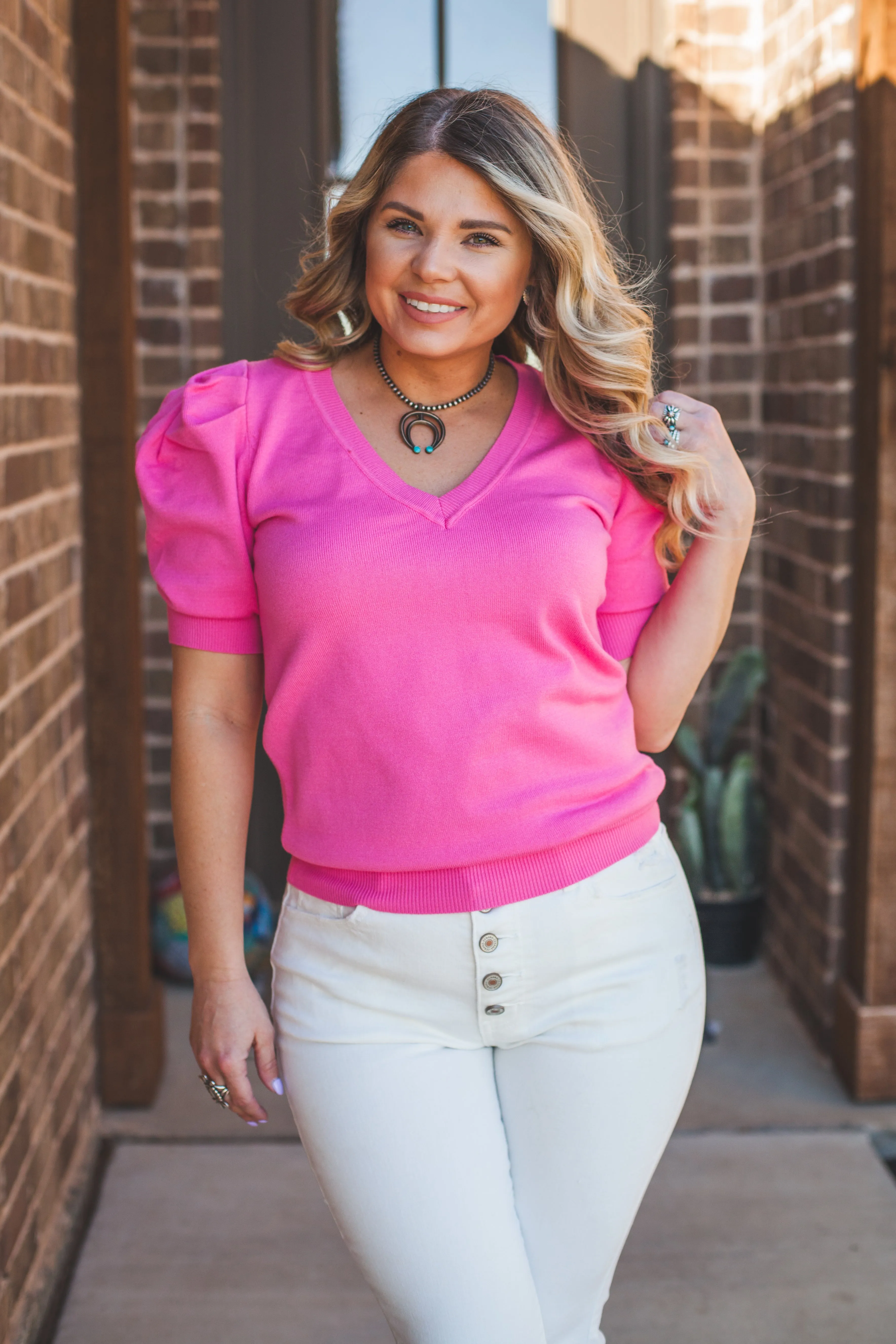 Puff Sleeve Knit Top in Pink