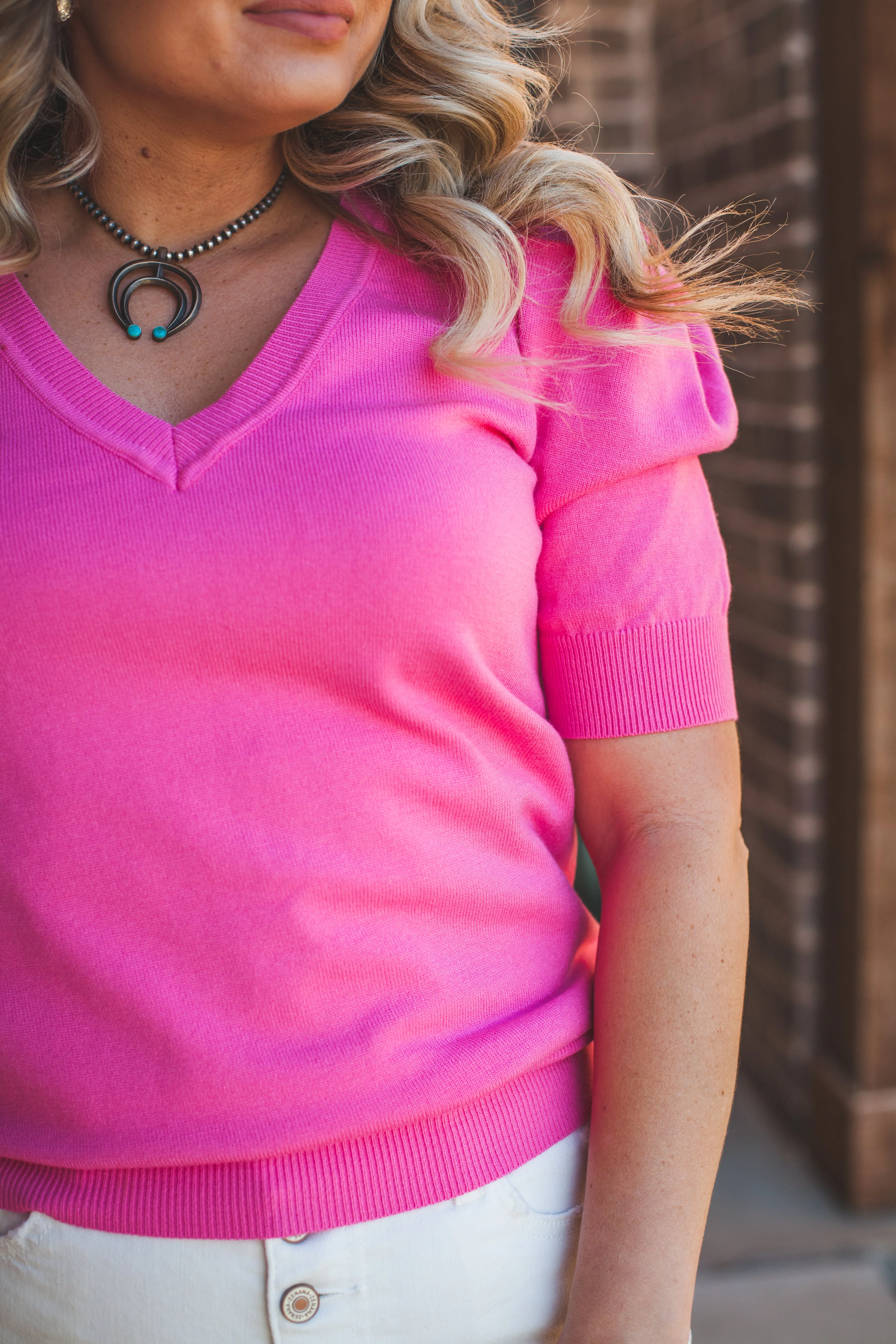 Puff Sleeve Knit Top in Pink