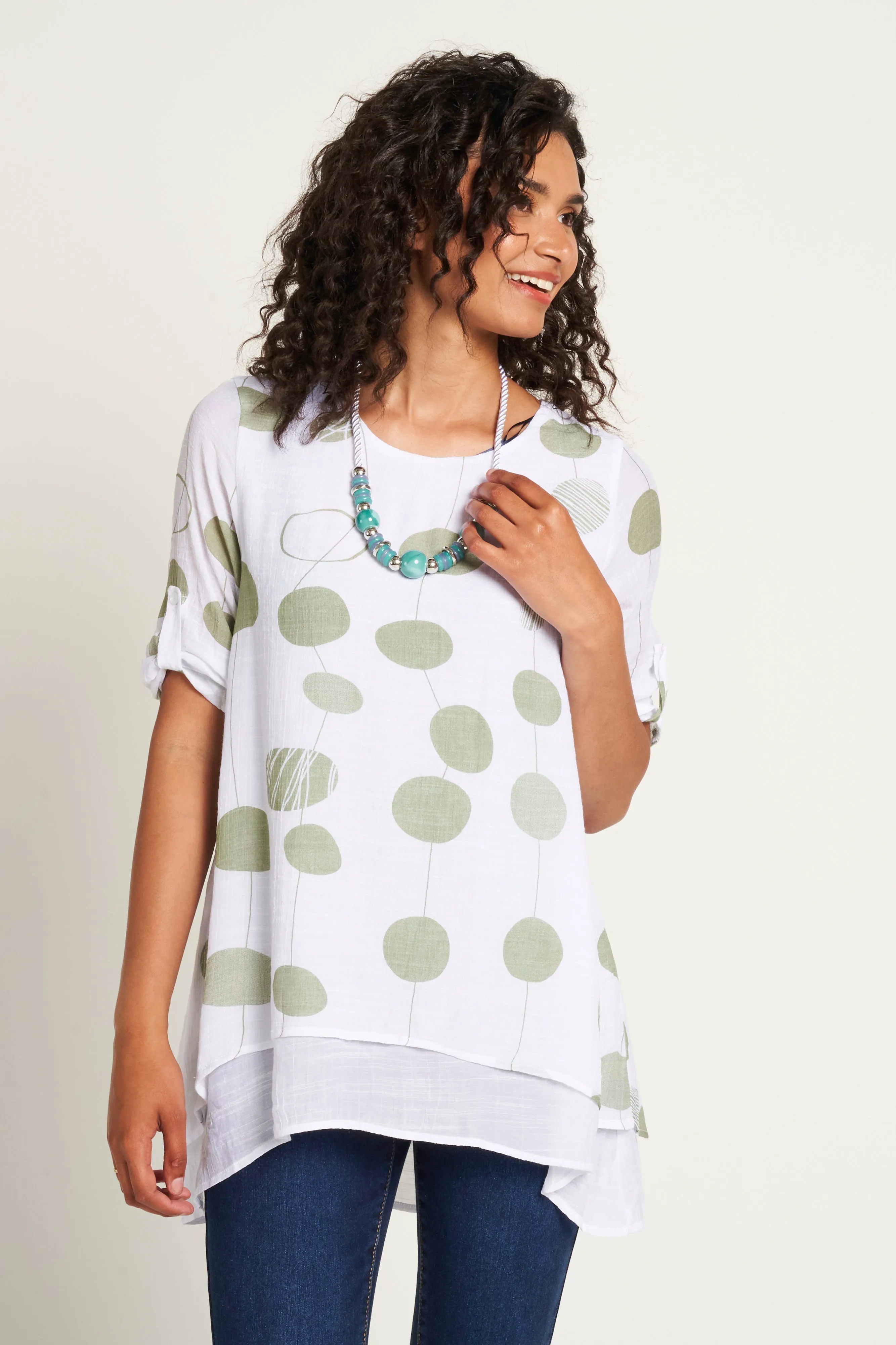 Saloos Linen Look Ruched Sleeve Top with Necklace