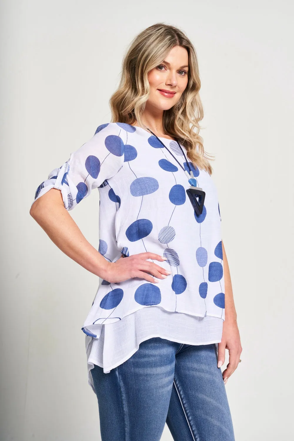 Saloos Linen Look Ruched Sleeve Top with Necklace