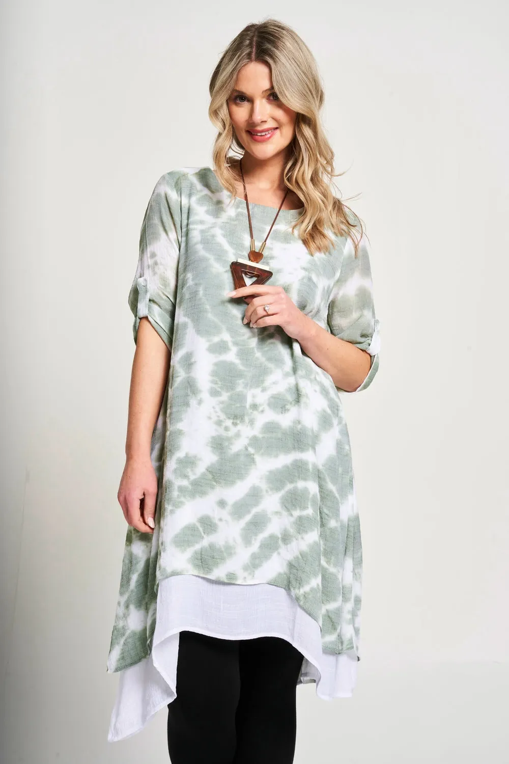 Saloos Tie Dye Ruched Sleeve Dress with Necklace