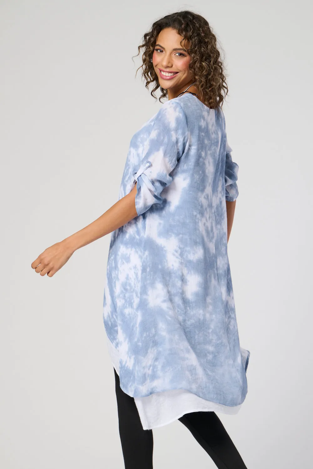 Saloos Tie Dye Ruched Sleeve Dress with Necklace