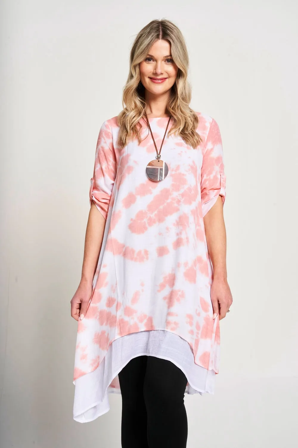 Saloos Tie Dye Ruched Sleeve Dress with Necklace