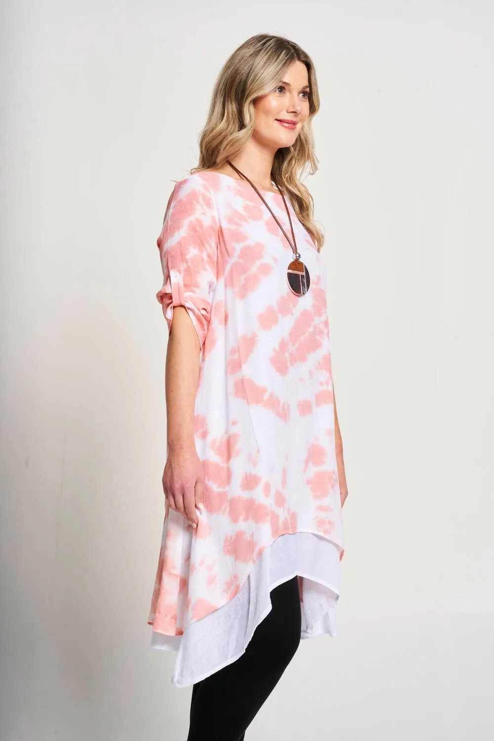 Saloos Tie Dye Ruched Sleeve Dress with Necklace