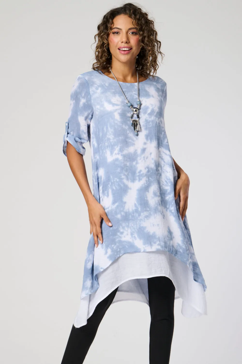 Saloos Tie Dye Ruched Sleeve Dress with Necklace