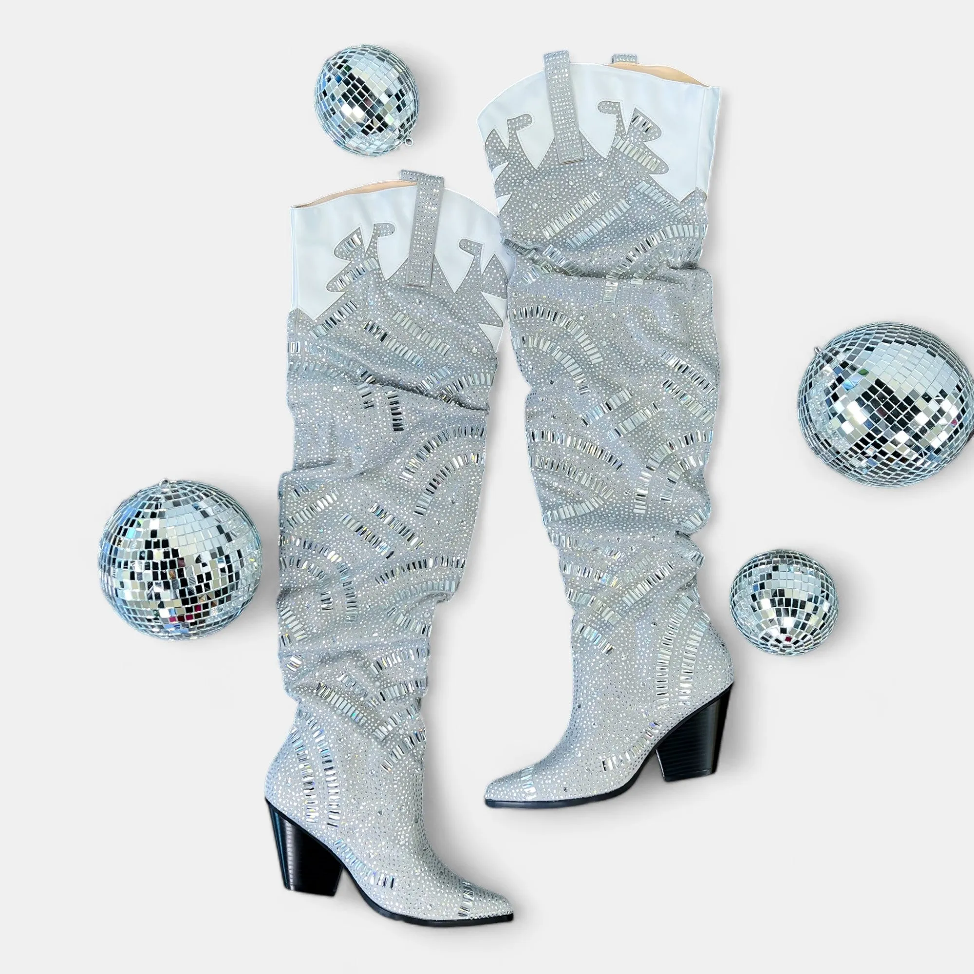 Silver Rhinestone Western Slouchy Boots