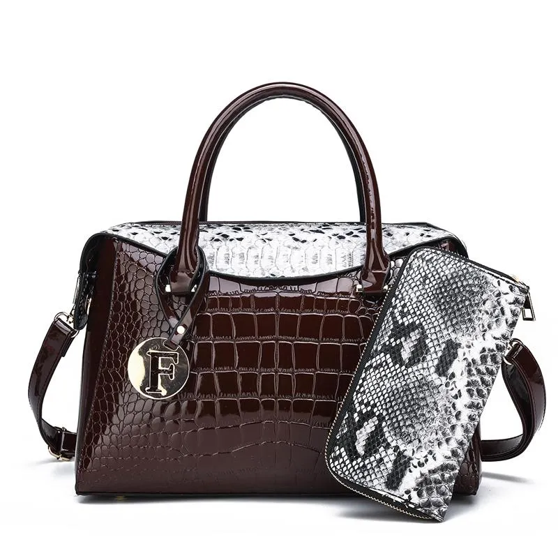 Snake Skin Pattern Handbag Set - Brown