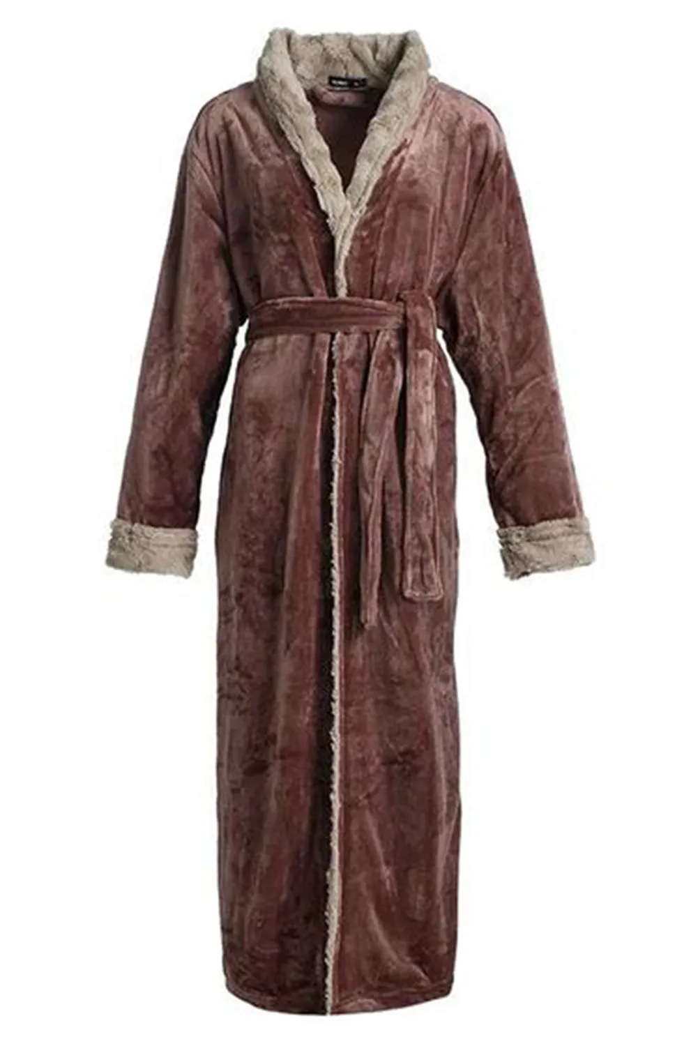 Solid Color Long Sleeve Flannel Thermal Robe Loungewear Bathrobe With Belt