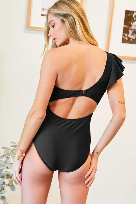 SOLID ONE SHOULDER ONE PIECE SWIMSUIT