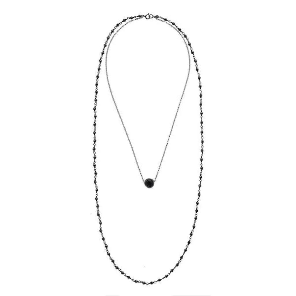 Solitaire Drop Double Necklace - Black Pearl & Hematite - Black Rhodium Plated Silver