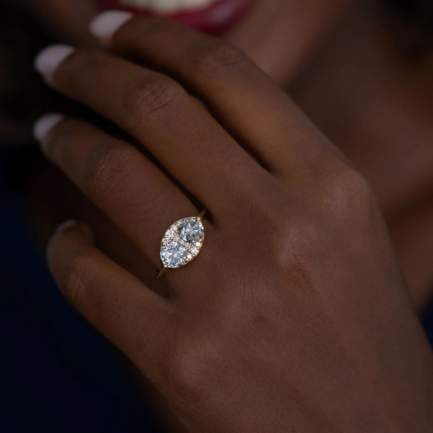 Two Salt and Pepper Engagement Ring with a Cluster of Brilliant Cut Diamonds - OOAK