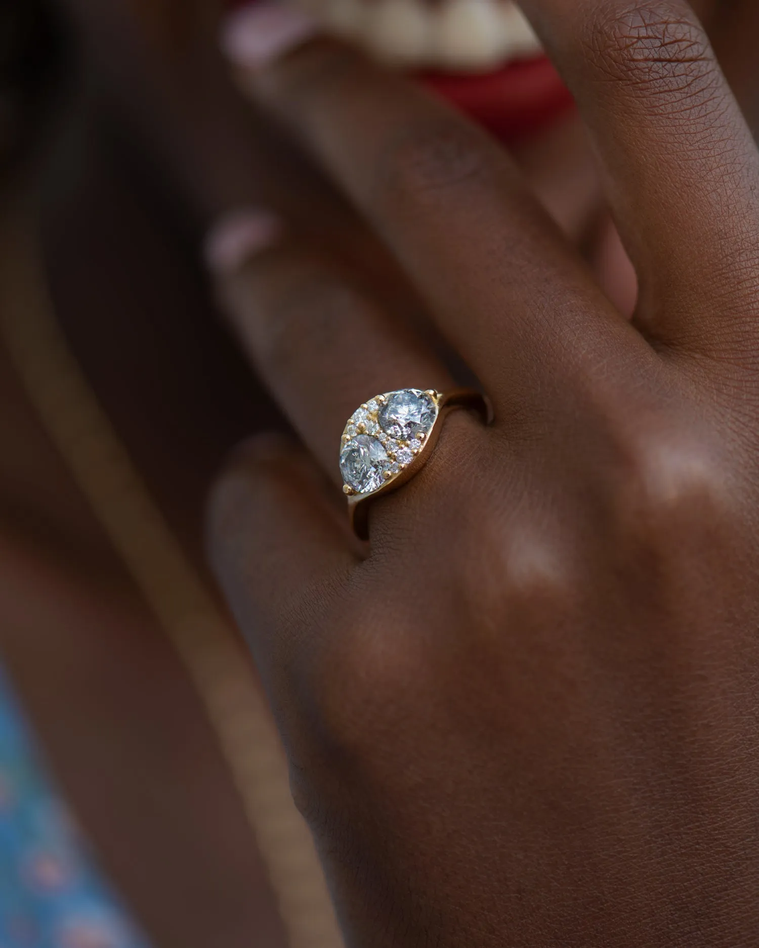 Two Salt and Pepper Engagement Ring with a Cluster of Brilliant Cut Diamonds - OOAK