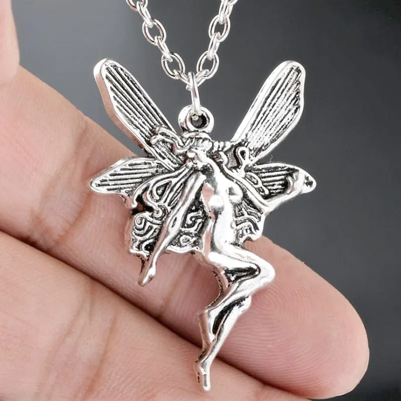 Vintage Fashion Statement Angel Fairy Pendant Necklace For Women Cross Chain Choker Jewelry Punk Goth Gothic Wicca Accessories