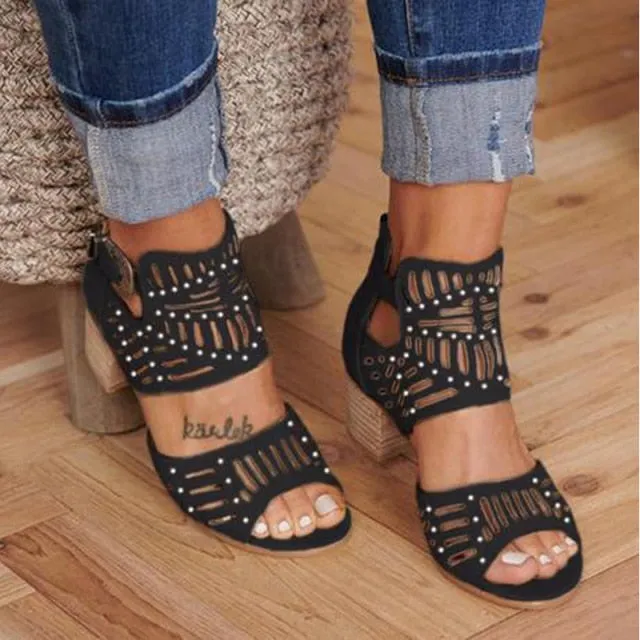 Vintage Hollow Out Sandals Mid Heel Summer Slip-on Buckle Ladies Shoes Artificial Open Toe Casual Wedding Pumps Women Sandalias