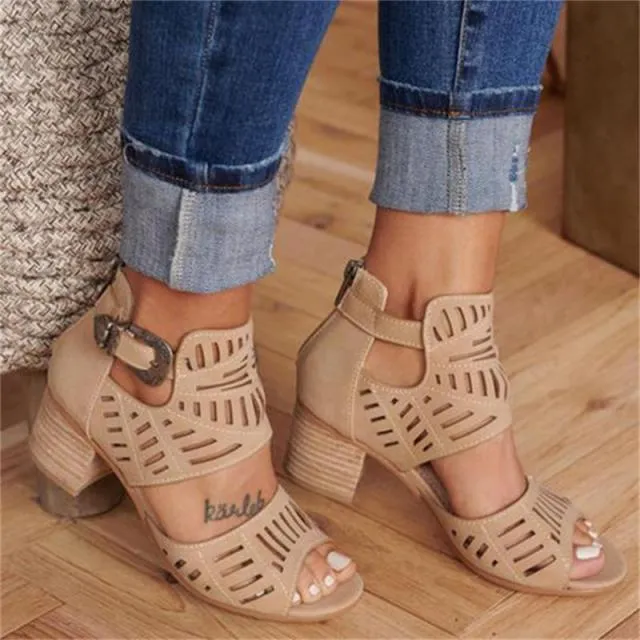 Vintage Hollow Out Sandals Mid Heel Summer Slip-on Buckle Ladies Shoes Artificial Open Toe Casual Wedding Pumps Women Sandalias