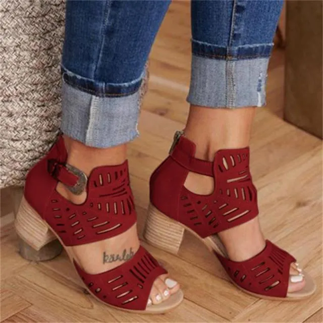 Vintage Hollow Out Sandals Mid Heel Summer Slip-on Buckle Ladies Shoes Artificial Open Toe Casual Wedding Pumps Women Sandalias