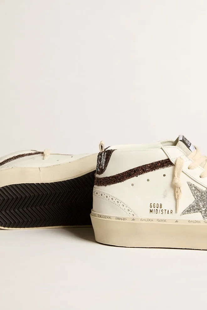 White Leather Platform Mid Star Sneaker With Glitter Trims