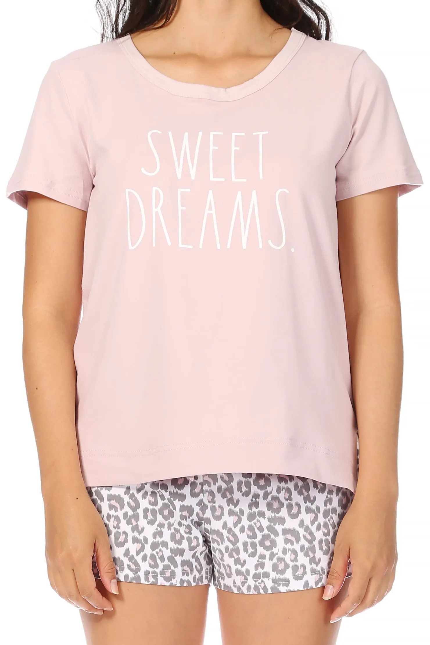 Women's "SWEET DREAMS" Short Sleeve Side Slit Tee and Drawstring Shorts Pajama Set