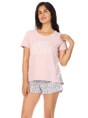 Women's "SWEET DREAMS" Short Sleeve Side Slit Tee and Drawstring Shorts Pajama Set